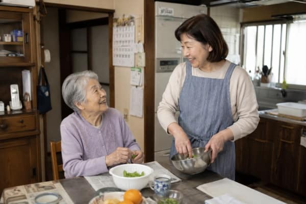 利用者さんと一緒に調理するヘルパー